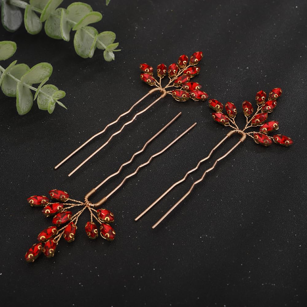 Juego de 3 horquillas de cristal para novia, con diamantes de imitación rojos, accesorios para el cabello para novia, hechos a mano, rojo, azul,
