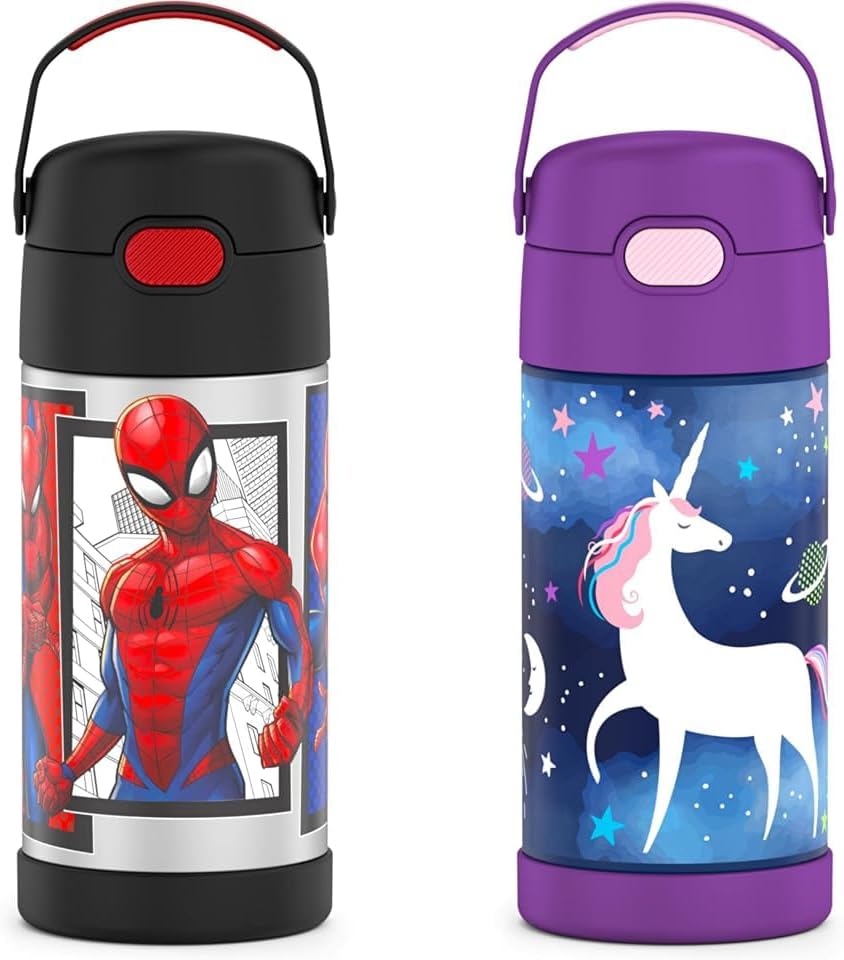 THERMOS FUNTAINER – Botella de agua de acero inoxidable con aislamiento al vacío para niños, 12 onzas, Spider-Man y Space Unicorn
