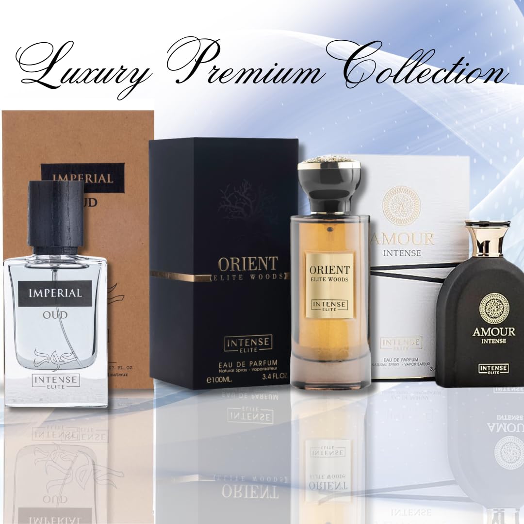 Amour Intense, Orient Elite Woods EDP  100ML (3.4 oz) e Imperial Oud EDP 50ML (1.67 oz) CON CAJA MAGNÉTICA  Fragnancias para mujeres y hombres,
