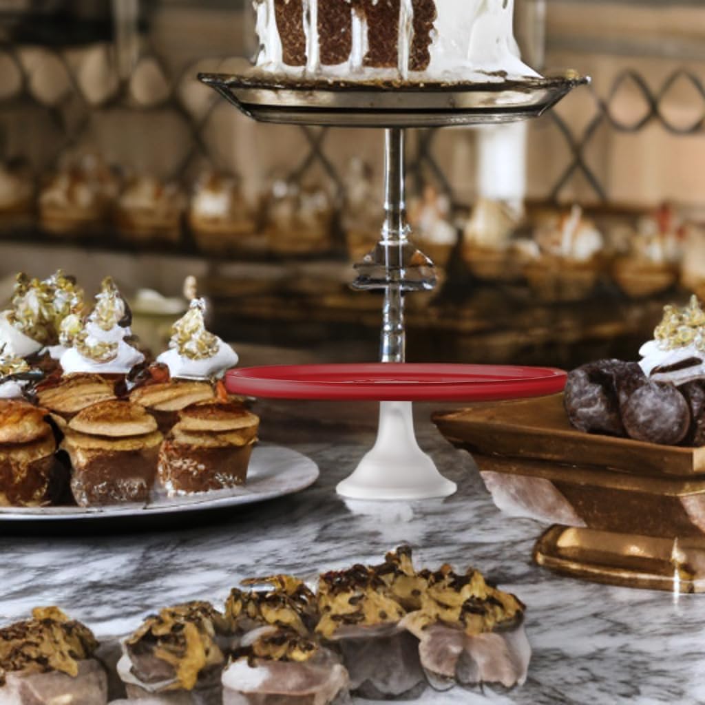 elle decor Soporte para platos de cristal para tartas  Pedestal de vidrio esmerilado con parte superior rojafondo blanco  Perfecto para pasteles y