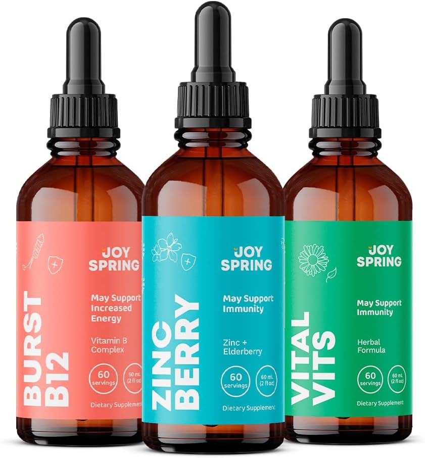 JoySpring Vital Vits, Burst B12 y Zincberry – Gotas de hierbas diarias naturales – Llena los huecos dietéticos – Paquete de regreso a la escuela –