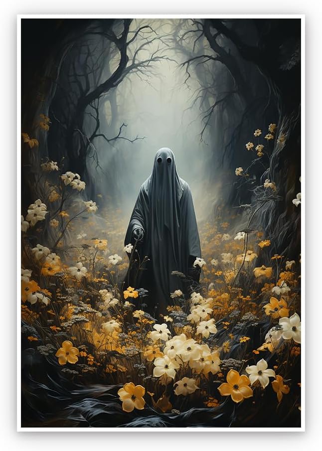 Arte de pared de fantasmas de Halloween, póster de flores y fantasmas, arte gótico, lienzo espeluznante oscuro estilo academia, pósteres de estética