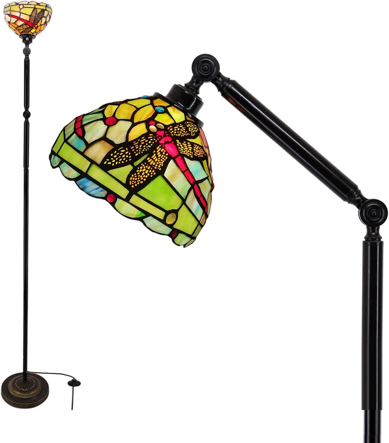 Torchiere Tiffany – Lámpara de pie estilo libélula de colores, lámpara de arco de ángulo de brazo giratorio, lámpara de lectura ajustable de cuello