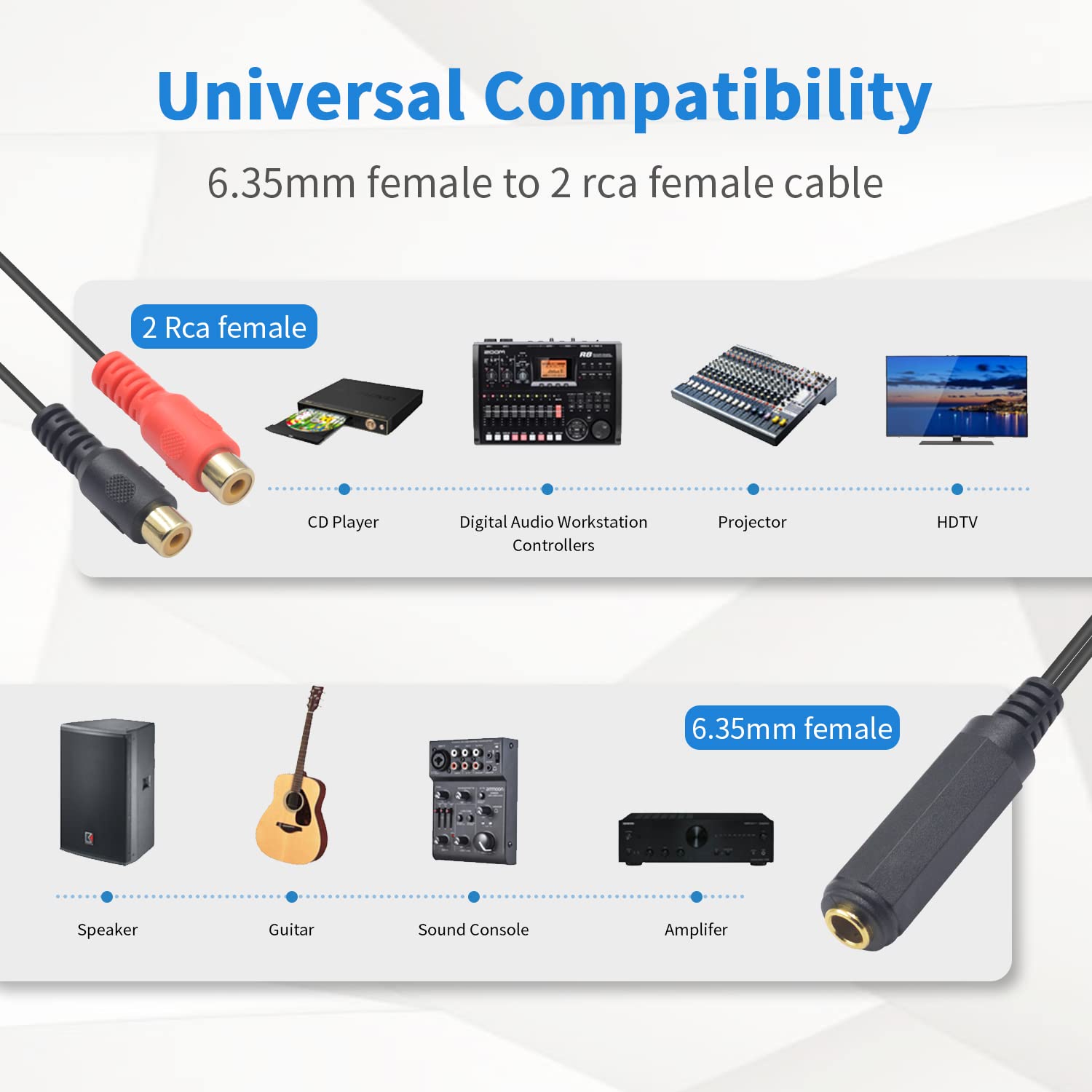 Duttek Cable divisor adaptador RCA a 14, conector de audio estéreo TRS de 0.250 in 14 TRS hembra a 2 RCA hembra enchufe Y cable adaptador divisor