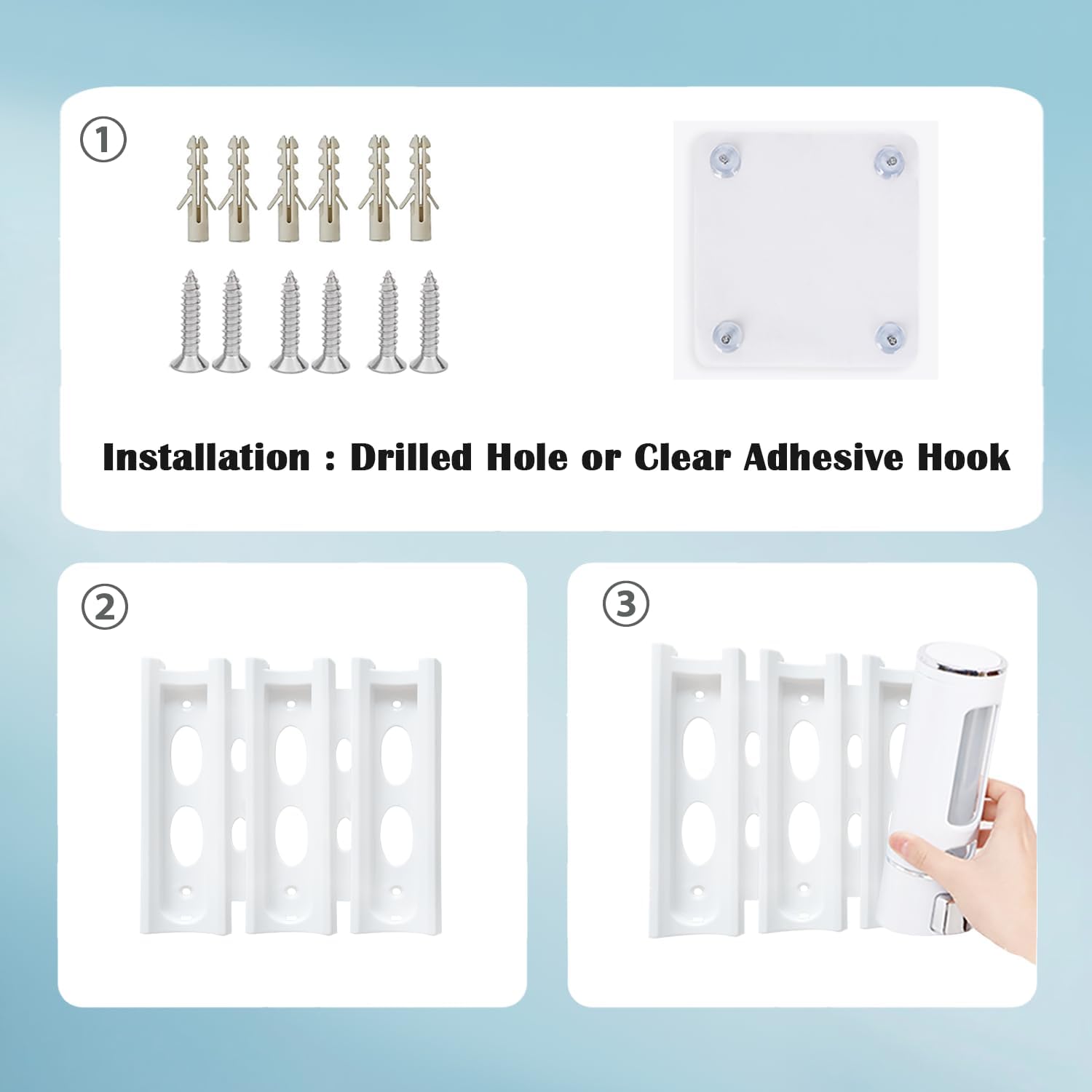 Dispensador de jabón de ducha 3 en 1 para montaje en pared, gel de ducha, champú, dispensador de acondicionador, dispensador sin taladro para baños