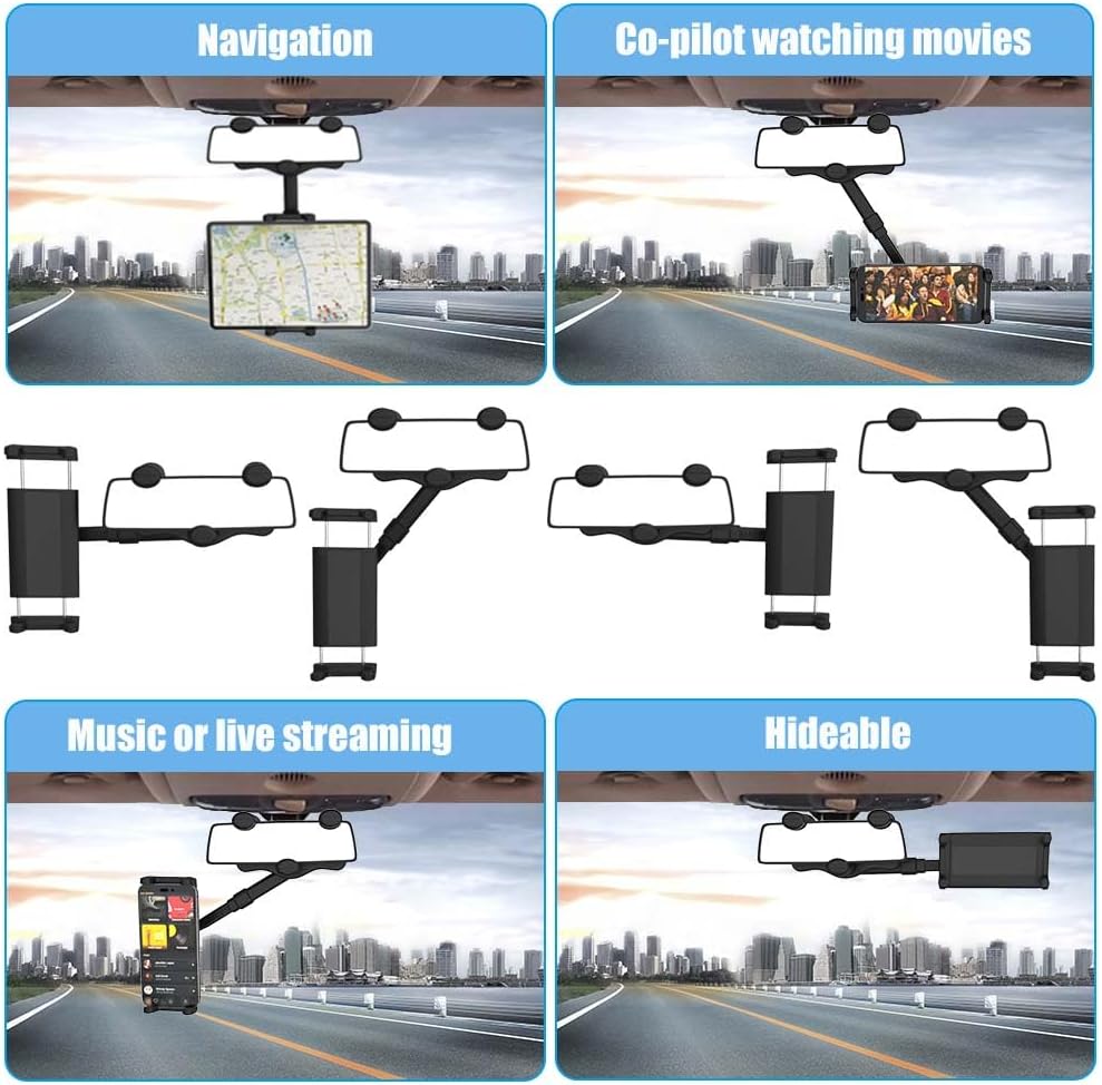 Soporte para teléfono para espejo retrovisor de automóvil, soporte para tableta para iPad y teléfono celular de 4 a 13 pulgadas, soporte retráctil
