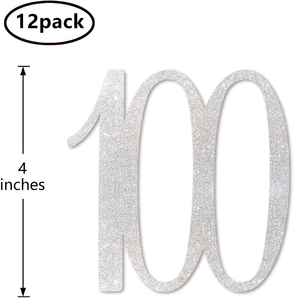 Palitos de centro de mesa de cumpleaños número 100 con purpurina plateada, paquete de 12 decoraciones de fiesta de aniversario número 100