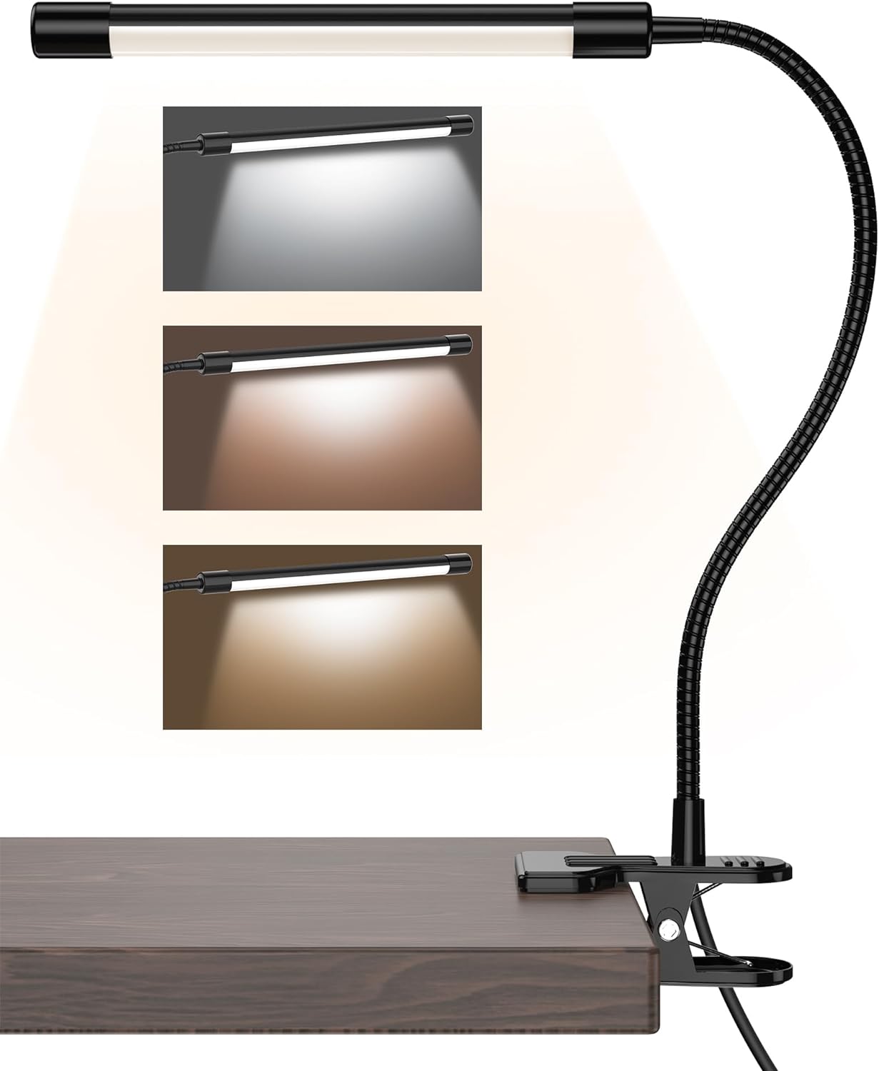 JHD Lámpara de escritorio LED con abrazadera, 10 niveles de brillo, cuello de cisne flexible de 12 pulgadas, lámpara USB de protección ocular,