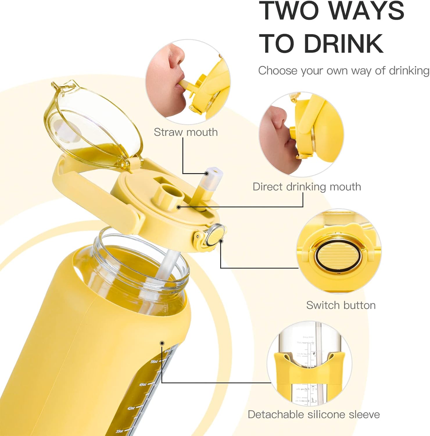 chunmo Pernos de agua de vidrio de 64 onzas con pajilla, botella de agua motivacional grande de medio galón con marcador de tiempo, botellas de agua
