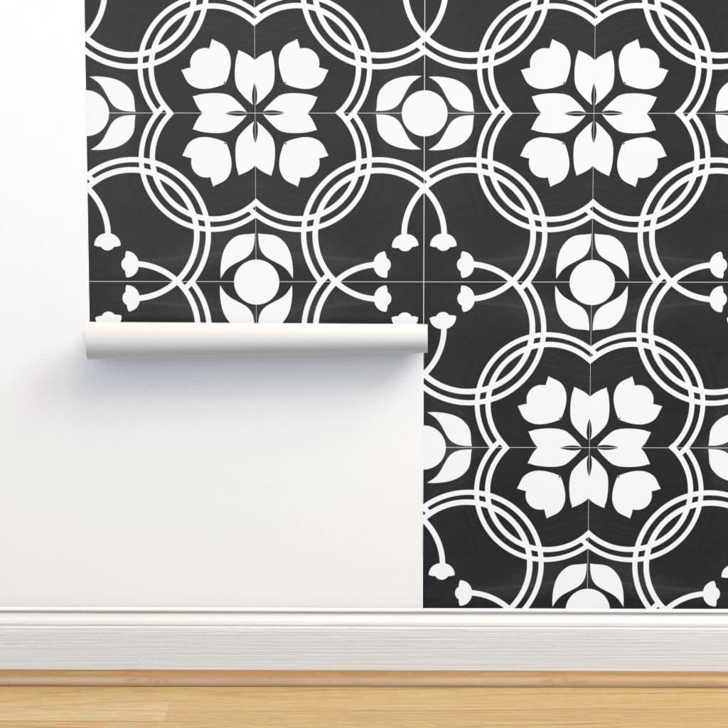 Spoonflower Muestras de papel tapiz para despegar y pegar, azulejos modernos de granja tradicionales, azulejos españoles tradicionales negros y