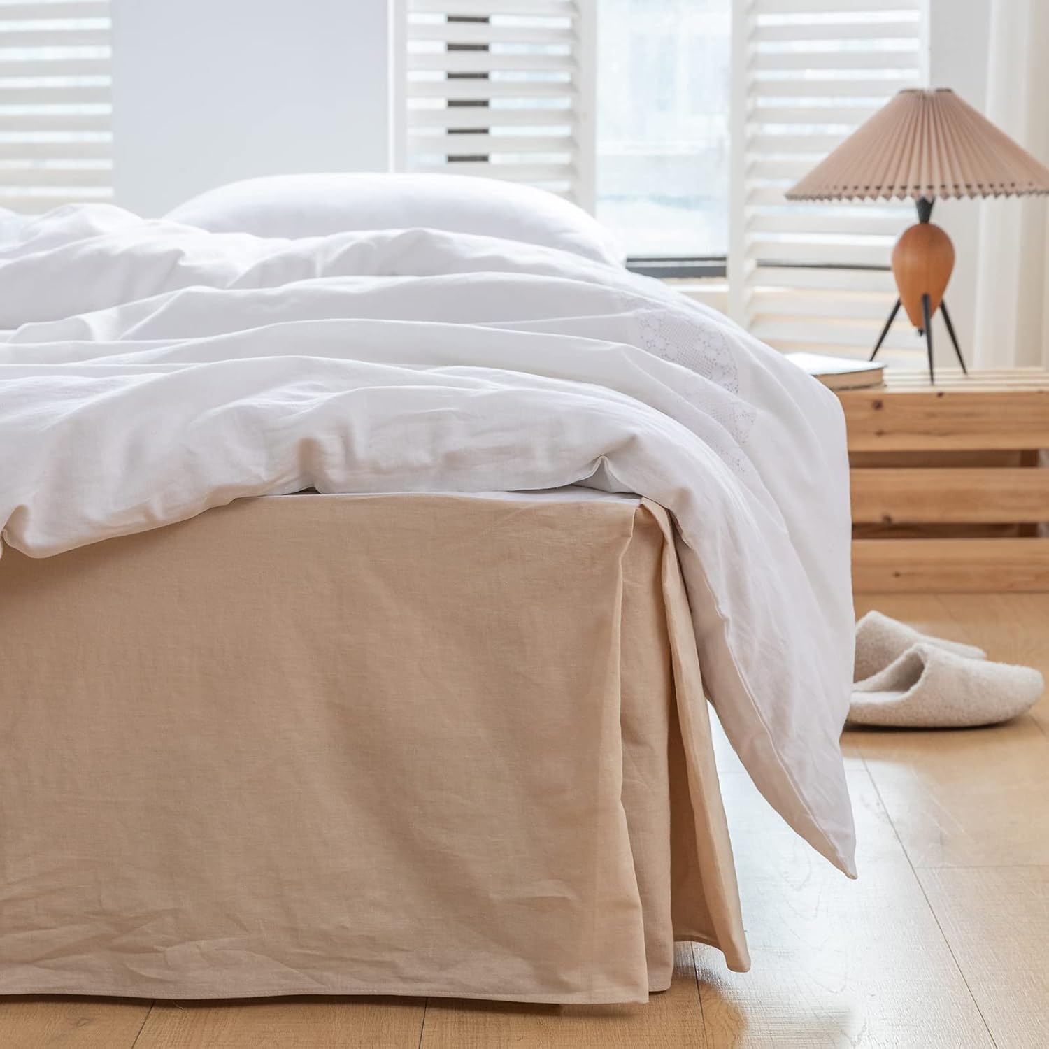 BISELINA Falda de cama de lino francés con esquinas plisadas de 14 pulgadas, mezcla de algodón de lino natural, con volantes básicos de polvo,
