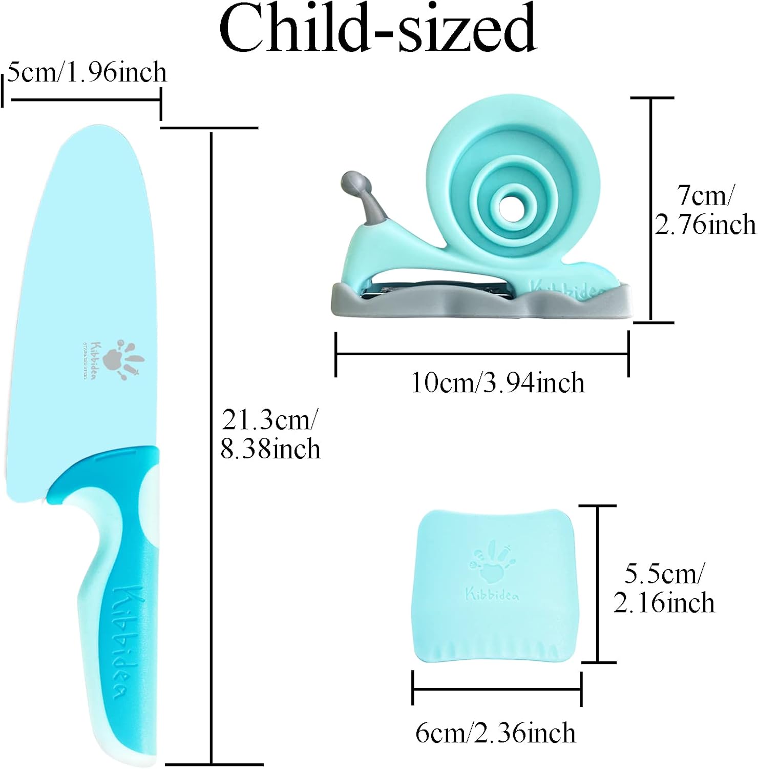 Kibbidea Juego de cuchillos para niños, 4 piezas de cocina para niños, de acero inoxidable, cuchillos de chef con pelador, protector de dedos,