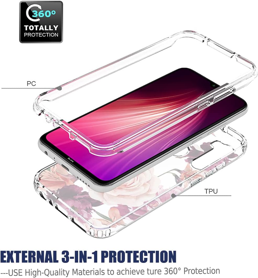 Bohefo Funda para Redmi Note 8 (20192021) con protector de pantalla de vidrio templado, cuerpo completo, lindo diseño floral, a prueba de golpes,