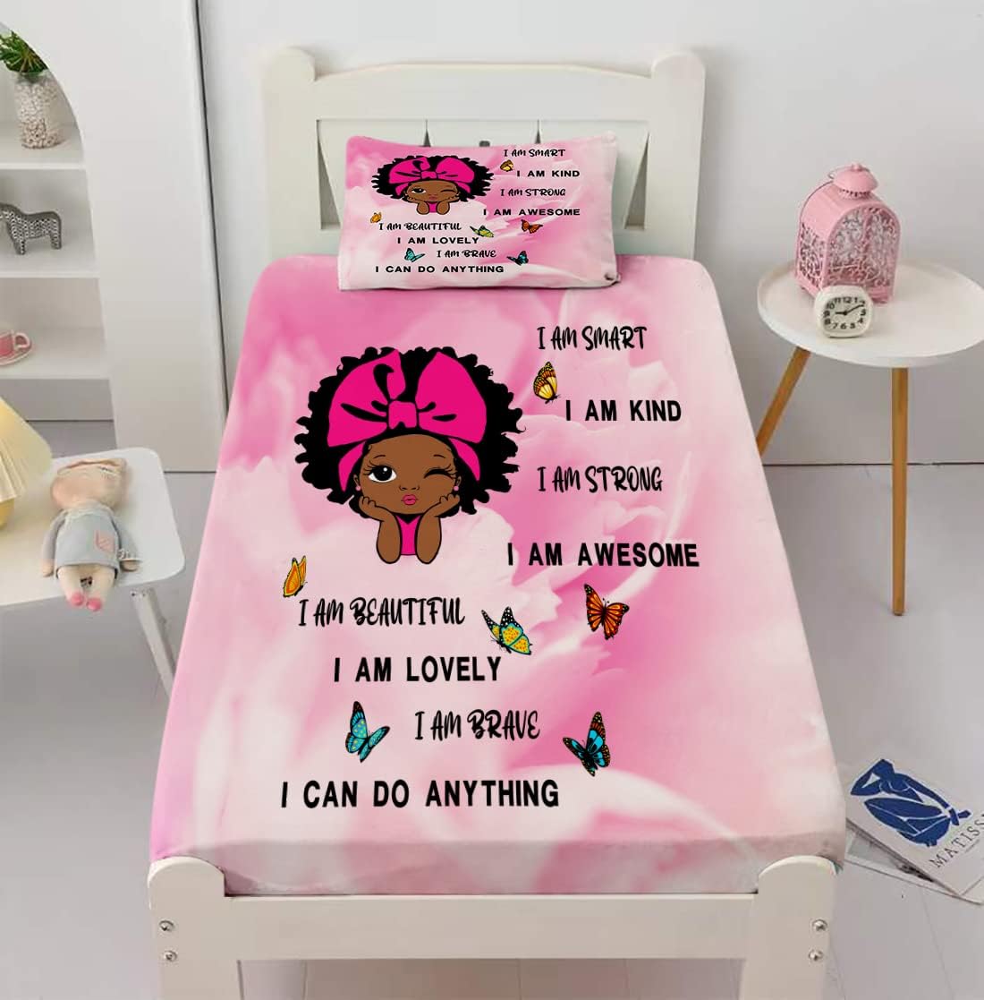 Black Girl Magic – Juego de sábanas bajeras de tamaño individual para niña afroamericana, bonito juego de sábanas bajeras de princesa negra afro