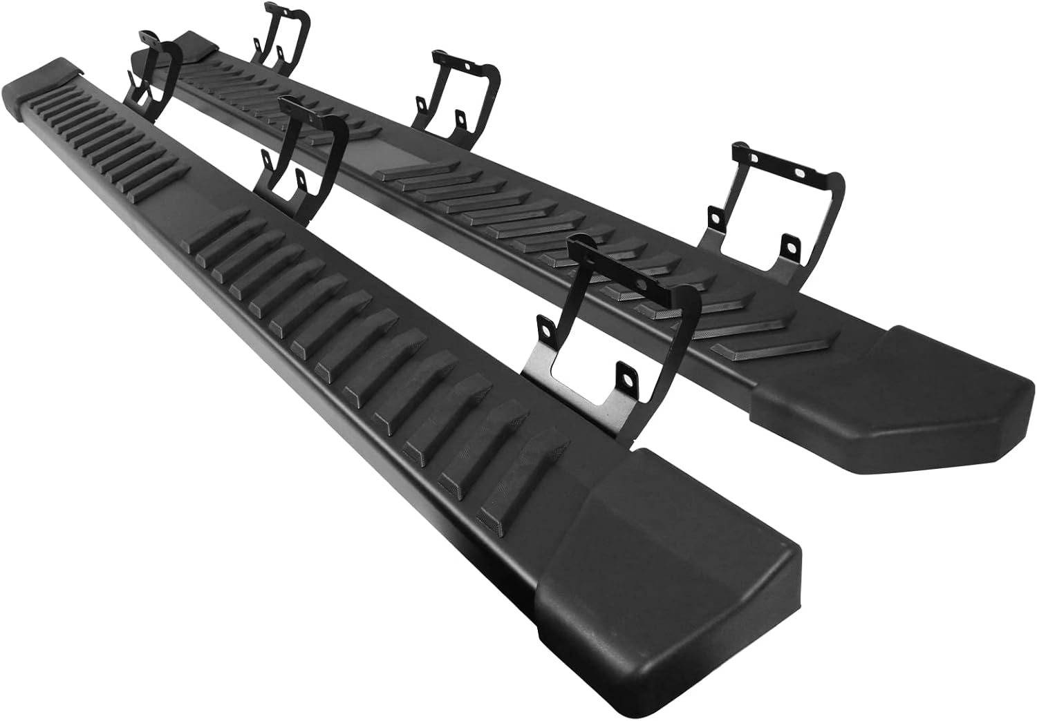 IKON MOTORSPORTS, Estribos compatibles con Ford F150 SuperCrew Cab 2015-2023, estilo V, barra lateral de acero negro con barra Nerf