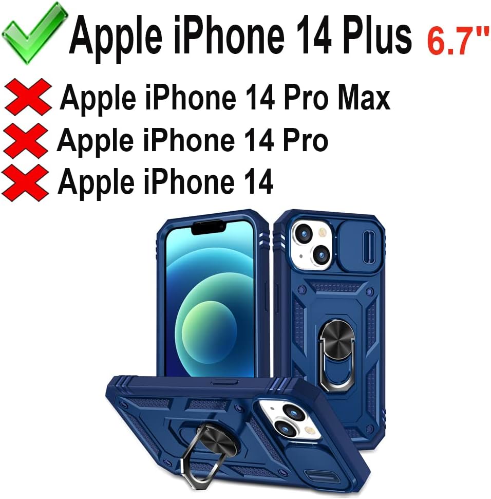 PASNEW Funda para iPhone 14 Plus, soporte de 360 y cubierta deslizante de cámara, resistente militar, cuerpo completo, a prueba de golpes, carcasa