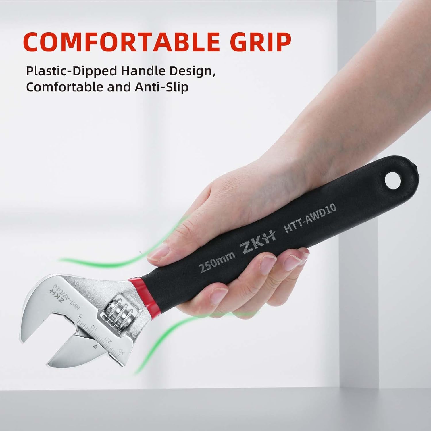 ZKH Llave ajustable de 10 pulgadas  Llave métrica mediana  Llave ajustable sumergida en plástico con agarre cómodo  10 pulgadas (9.843 in)  Apertura