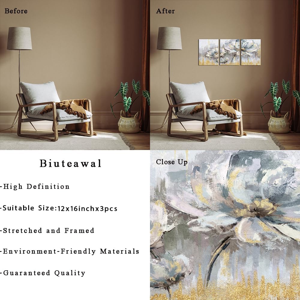 Biuteawal 3 piezas de flores blancas y grises, decoración floral floreciente con pintura dorada, arte de pared, arte abstracto moderno, arte de