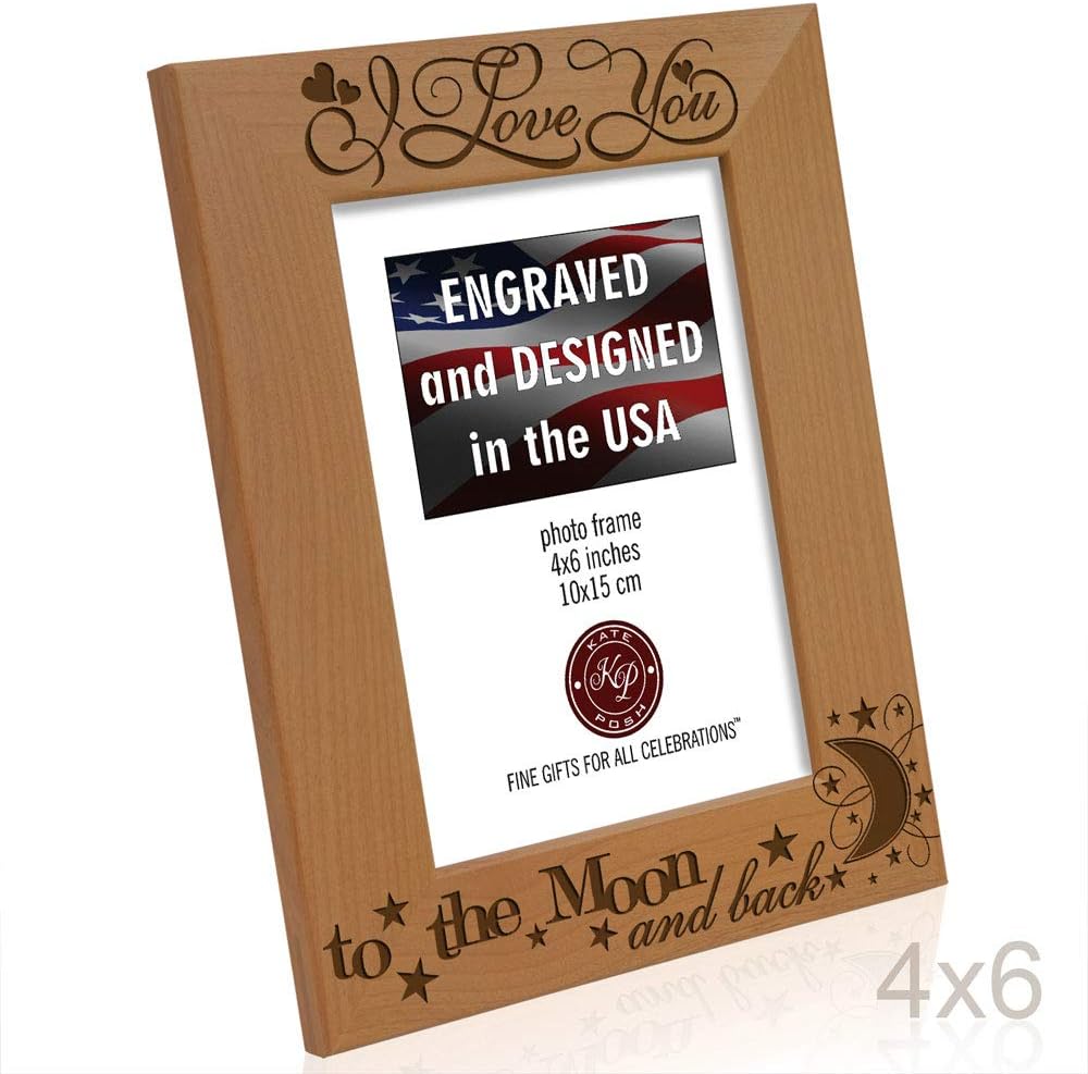 KATE POSH Marco de fotos de madera natural grabado con texto en inglés “I Love You to The Moon and Back”, regalos para parejas enamoradas, día de