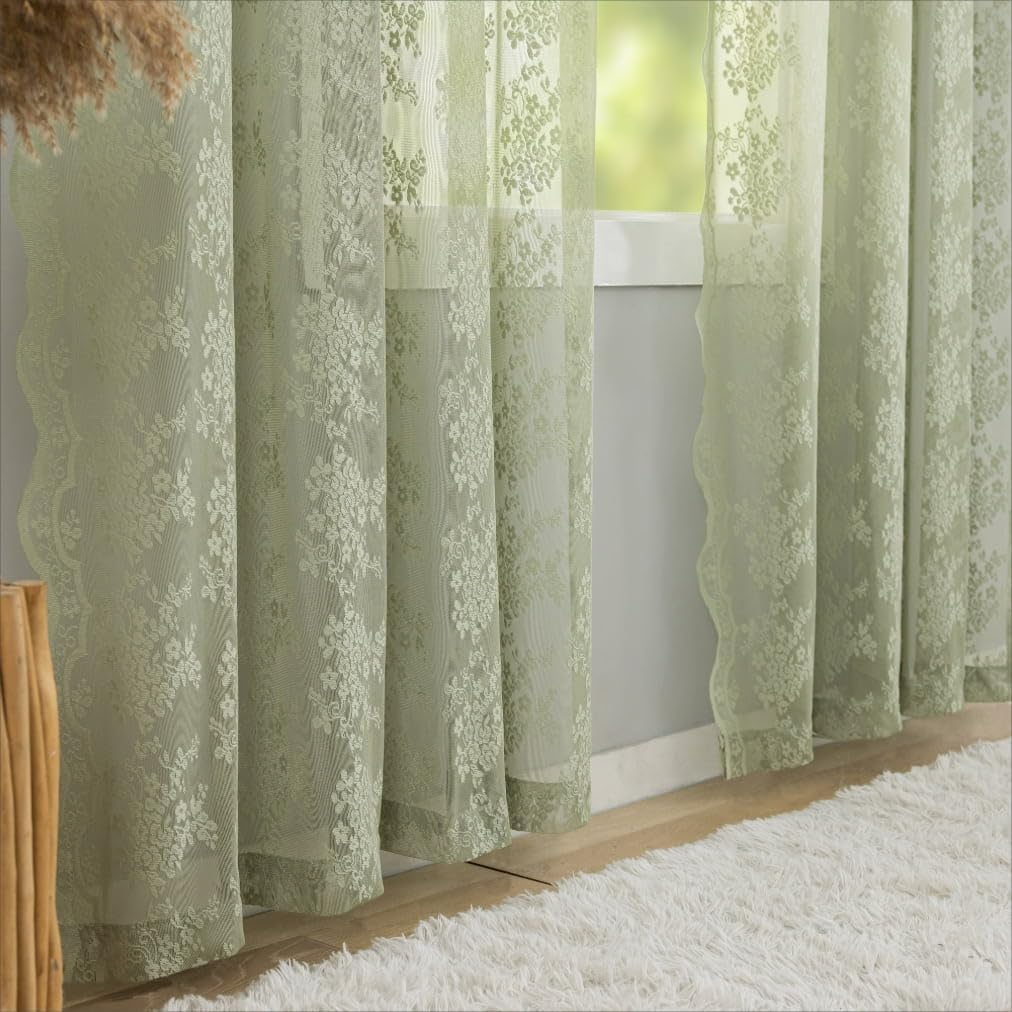 Cortinas de encaje verde salvia de 63 pulgadas de largo para dormitorio, 2 paneles, elegantes cortinas bordadas semitransparentes para sala de