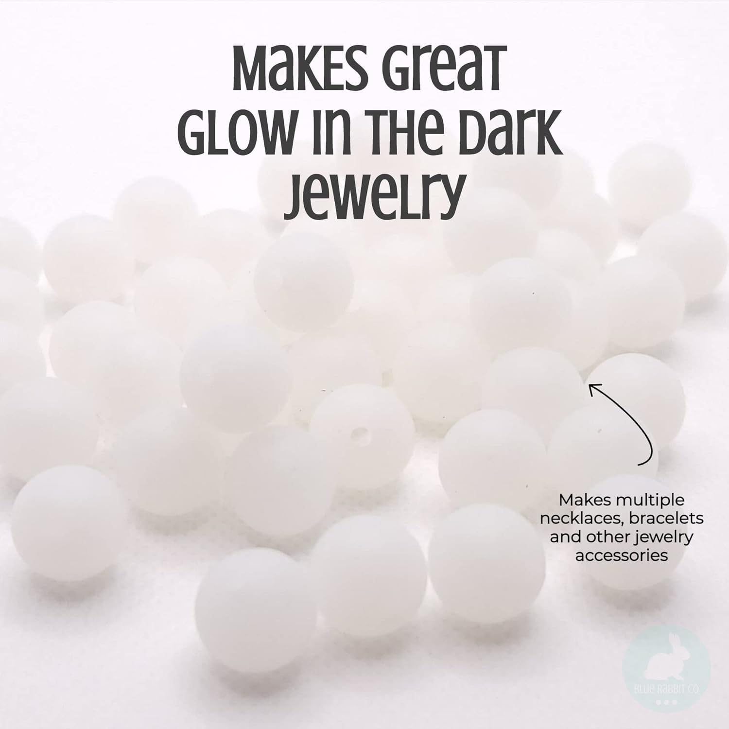 Blue RABBIT CO – Cuentas de silicona blancas que brillan en la oscuridad para hacer llaveros, collares, pulseras (0.472 pulgadas, 50 unidades),