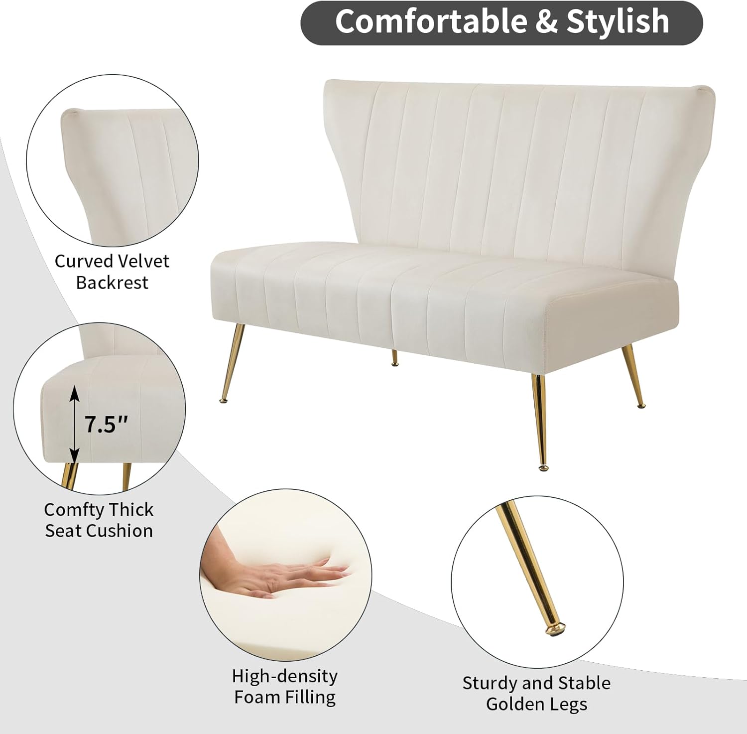 WQSLHX Sofá biplaza moderno de terciopelo de 50 pulgadas, sin brazos, sofá pequeño tapizado con respaldo de alas con patas de metal dorado, sofá