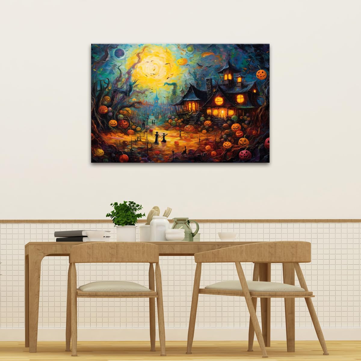 Impresiones en lienzo de noche de Halloween, arte de pared e imágenes espeluznantes de 12 x 18 pulgadas enmarcadas