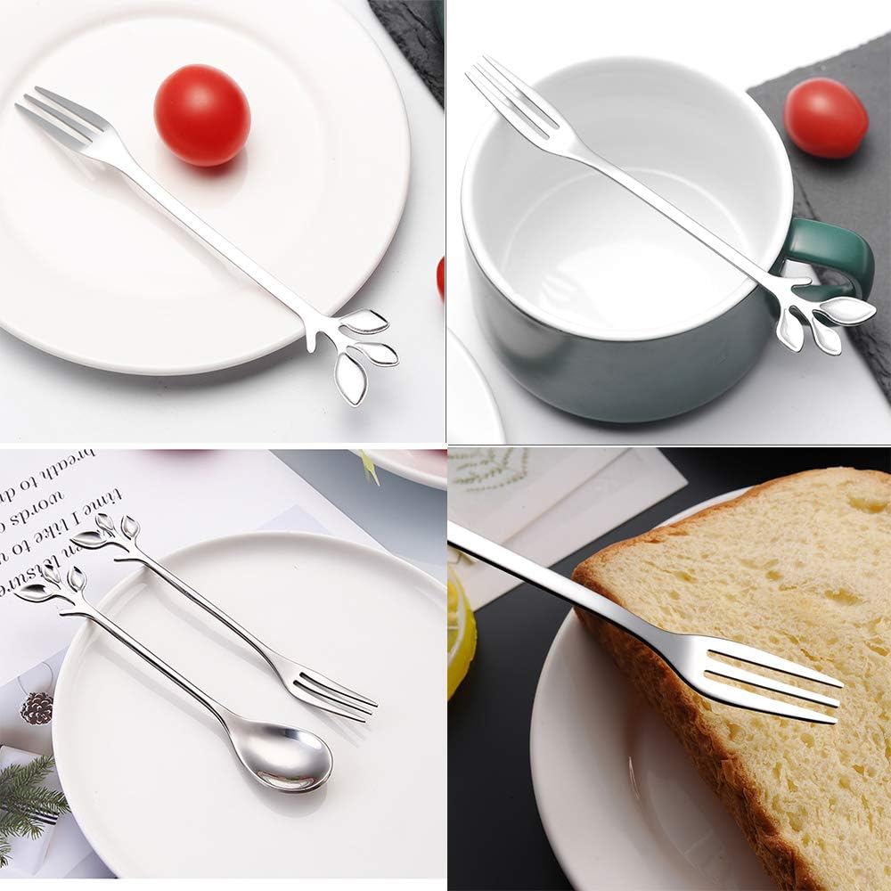 AnSaw 16 cucharas de café de hoja plateada y tenedores de postre, cubiertos de acero inoxidable de 4.7 pulgadas para té, aperitivos, degustación,