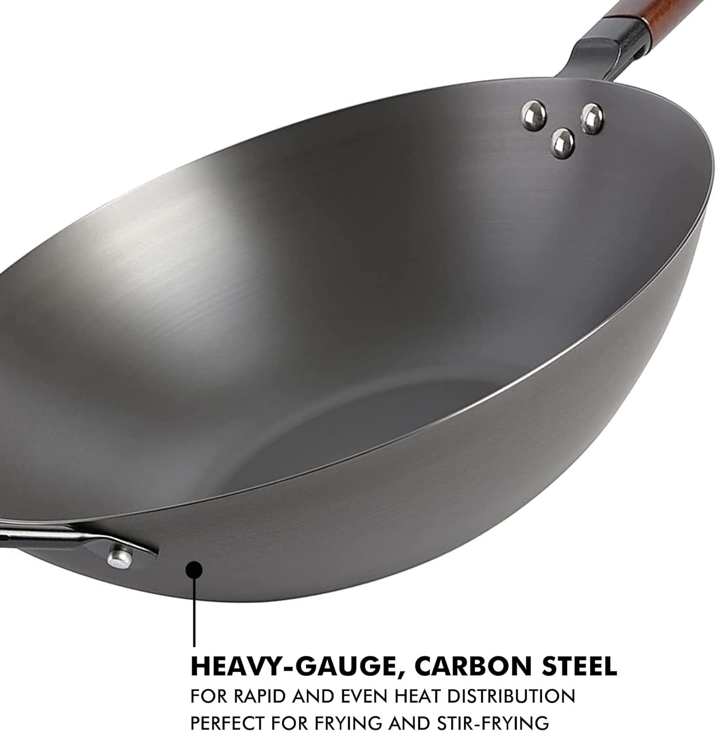 Babish Wok de fondo plano de acero al carbono y sartén para freír, juego de batidor pequeño de acero inoxidable de 14 pulgadas y 2 piezas