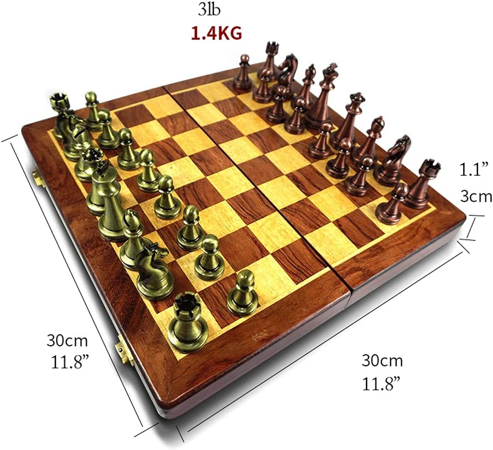 Juego de ajedrez plegable de metal con almacenamiento para piezas de ajedrez de metal chapado en cobre retro, juego de mesa de regalo