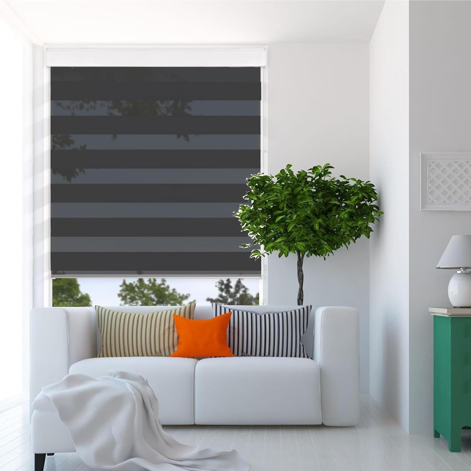 Persianas enrollables tipo cebra opacas negras, persianas filtrantes de luz de privacidad para ventanas, material grueso con cadena de cuentas de