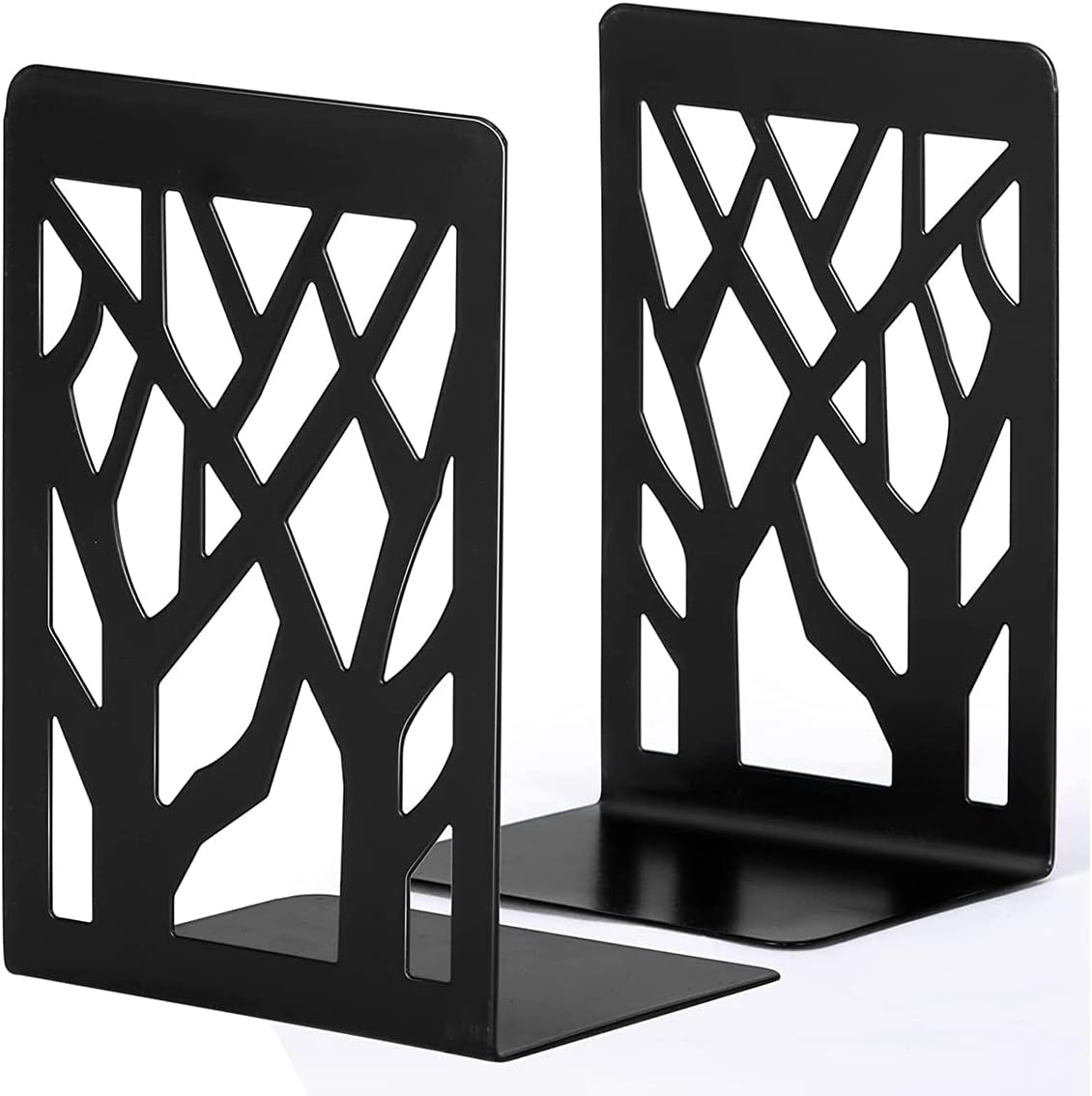 Coolnice Sujetalibros de metal negro para libros, diseño moderno de árboles, sujetalibros antideslizante, resistente para librosCD, estante