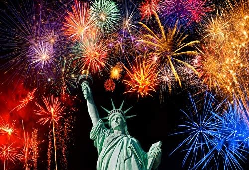 YongFoto Vinilo 4.9 x 31.5ft Estatua de la Libertad Fondo Brillante Fuegos Artificiales de Gran América, Decoración al aire libre, Fiesta
