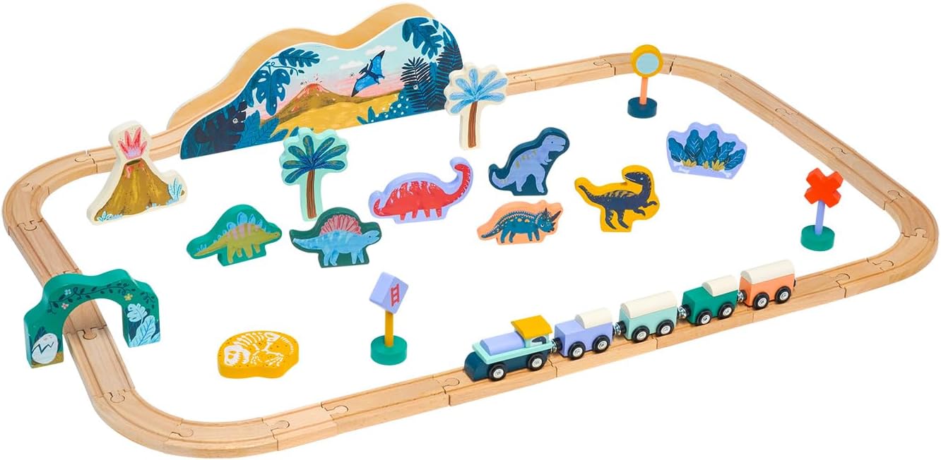 Manhattan Toy T-Rex Express – Juego de tren de juguete de madera con temática jurásica de 45 piezas para niños de 3 años en adelante