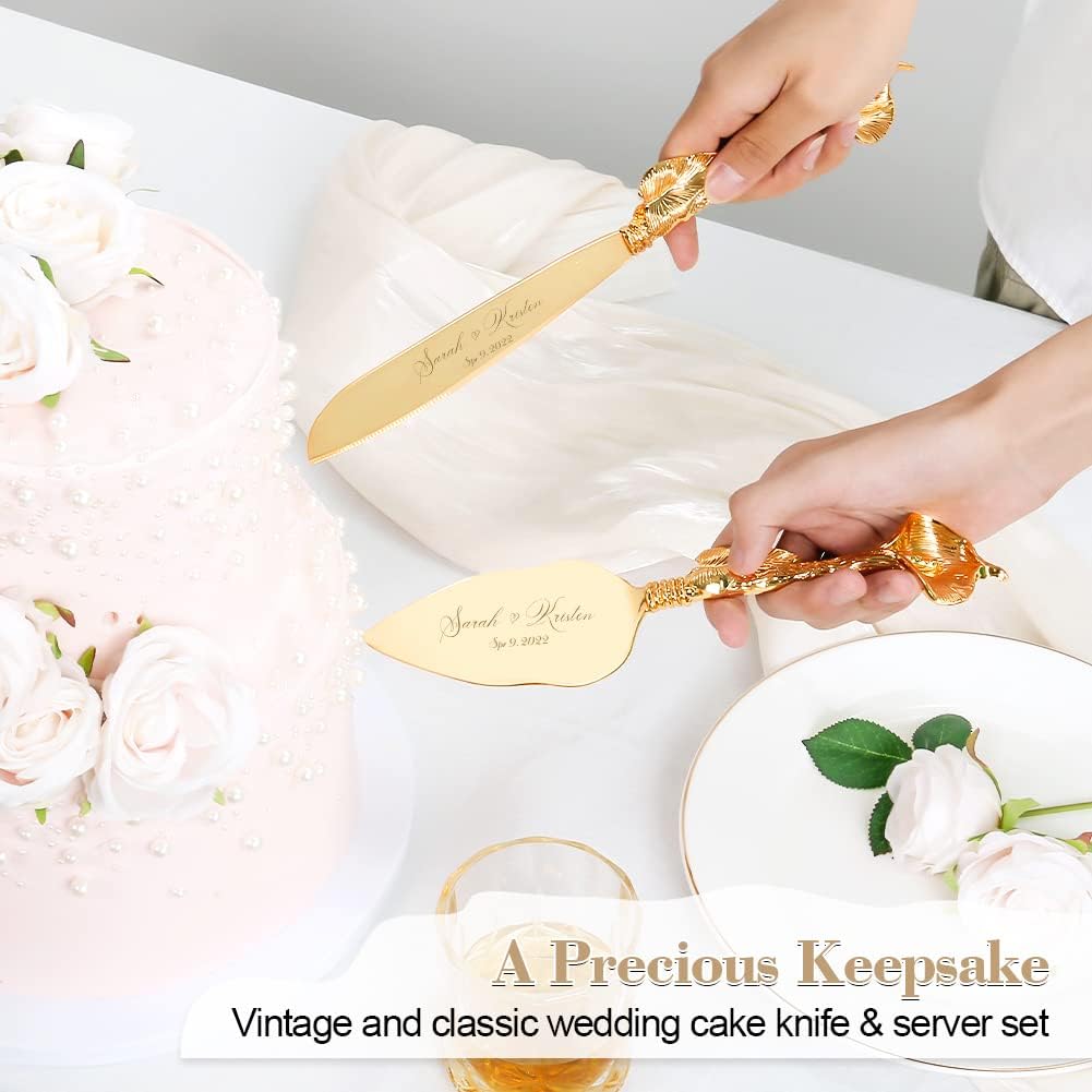Juego de corte de pasteles para boda, juego de cuchillos y servidores dorados personalizados, juego de servir pastel de pastelería grabado, cortador