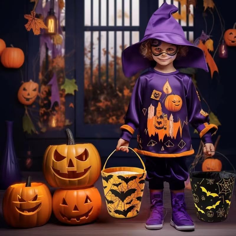 Ouksma 2 cubos de lona de Halloween para dulce o truco, cestas de dulces de Halloween, cestas de calabaza con asa para suministros de fiesta de