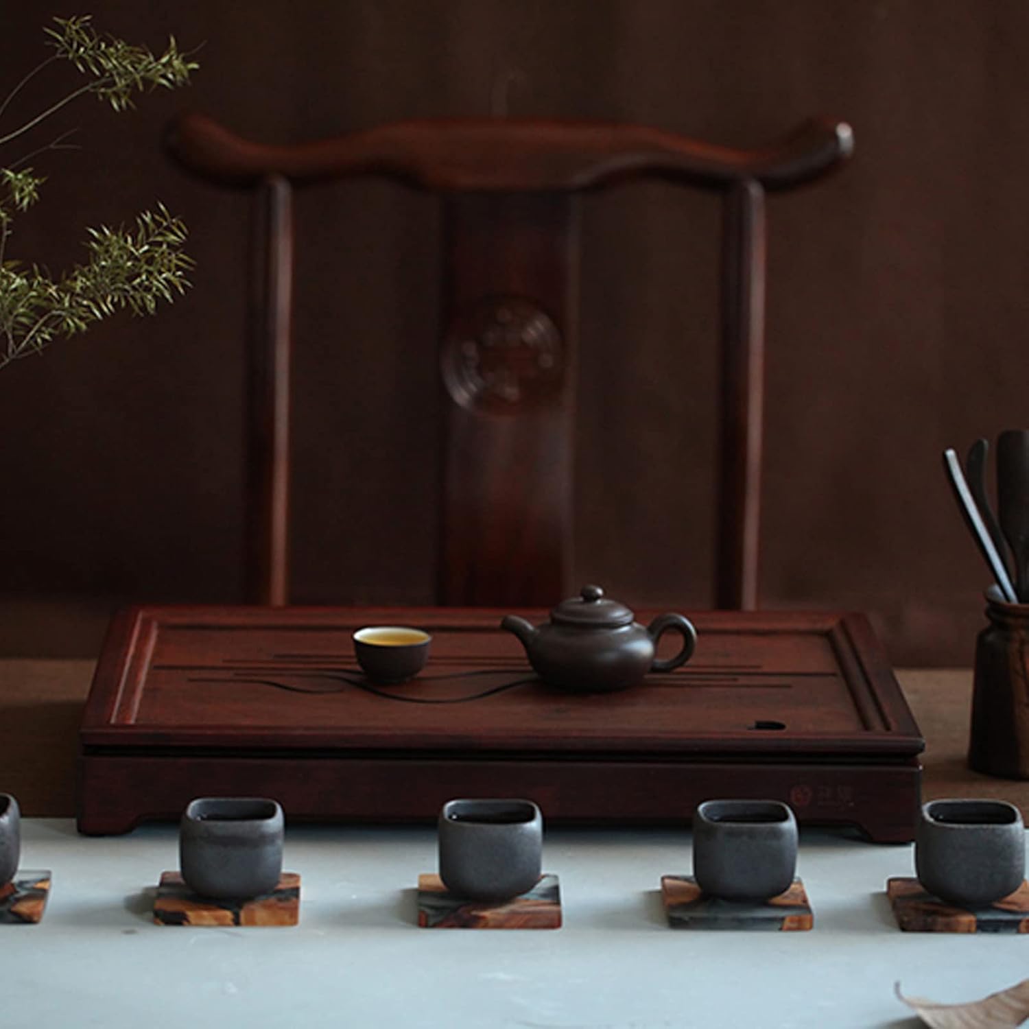 JIKUGO Bandeja de té de bambú, bandeja china de té de kungfu, juego de té vintage, bandeja de té gongfu, almacenamiento de agua mesa de té de bambú