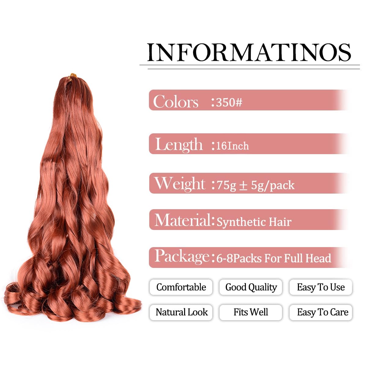 Cabello rizado francés trenzado, paquete de 8 unidades, suelto, ondulado, preestirado, sintético 350# en espiral rizado de ganchillo de 16 pulgadas,