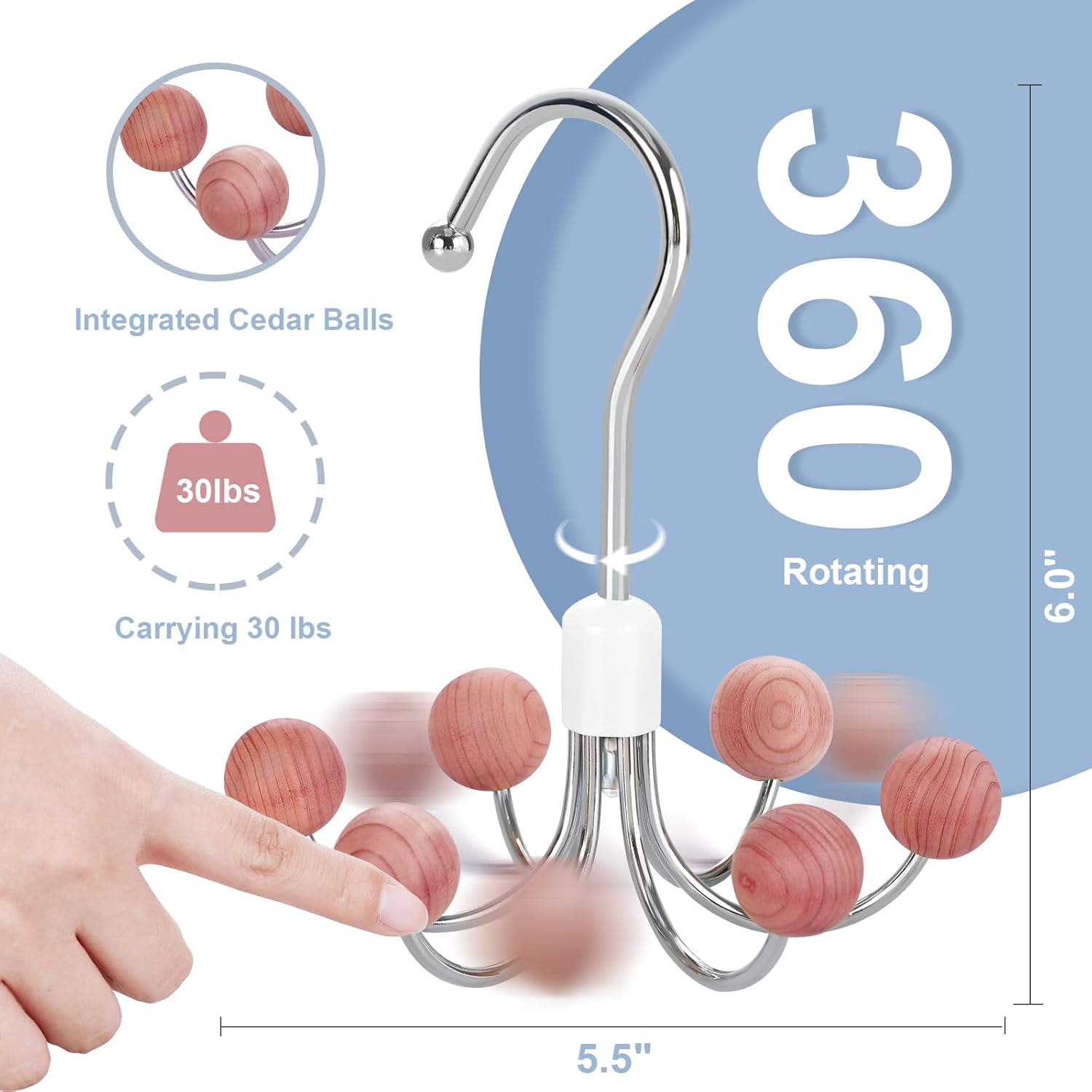 TOPIA HANGER Paquete de 2 perchas para bolso con 6 bolas de cedro, gancho giratorio de 360, gancho de almacenamiento para armario, organizador de