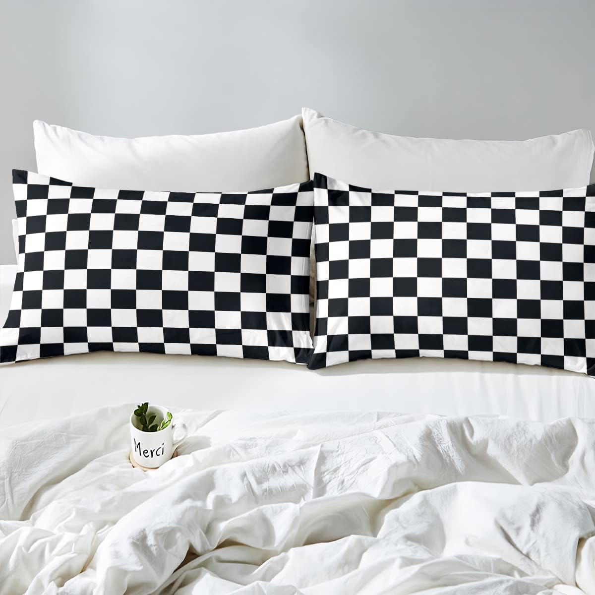 Erosebridal Juego de ropa de cama a cuadros en blanco y negro, tamaño matrimonial, juego de edredón reversible con cuadrícula geométrica para niños,