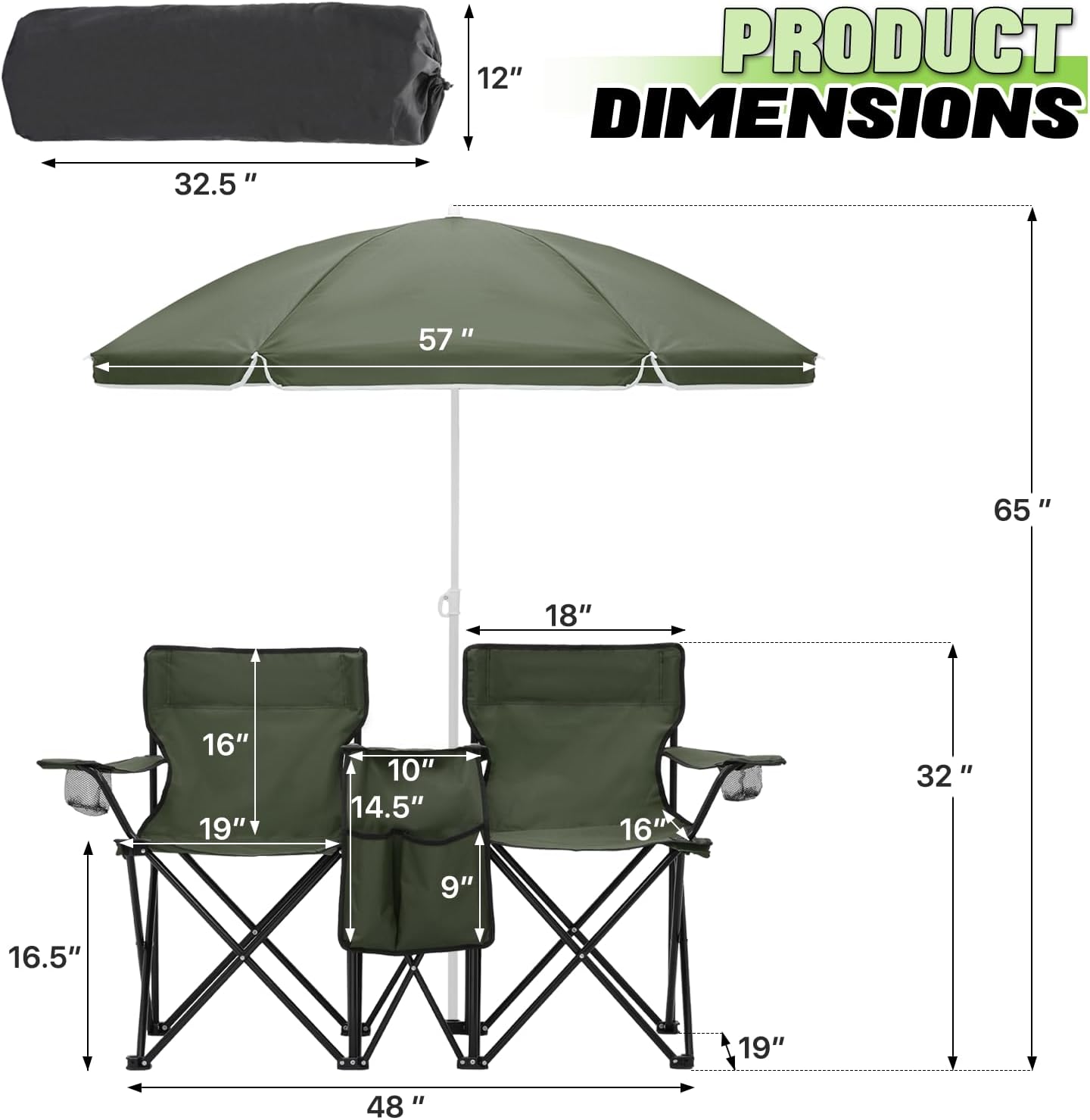 Magshion Silla de campamento doble con paraguas y enfriador para adultos, silla plegable de alta resistencia, color verde oscuro