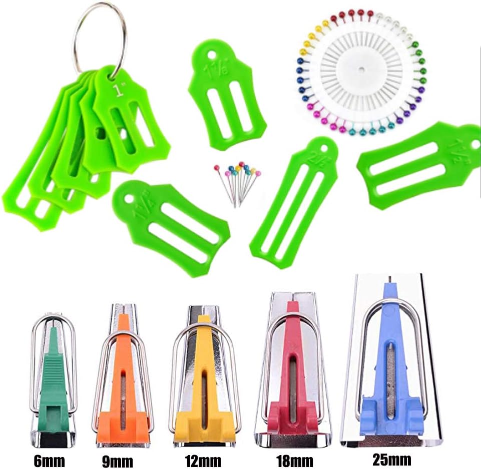 HONEYSEW Juego de 15 herramientas para hacer cintas al bies de tela, para coser y acolchar, viene con 40 piezas de alfileres de acolchado