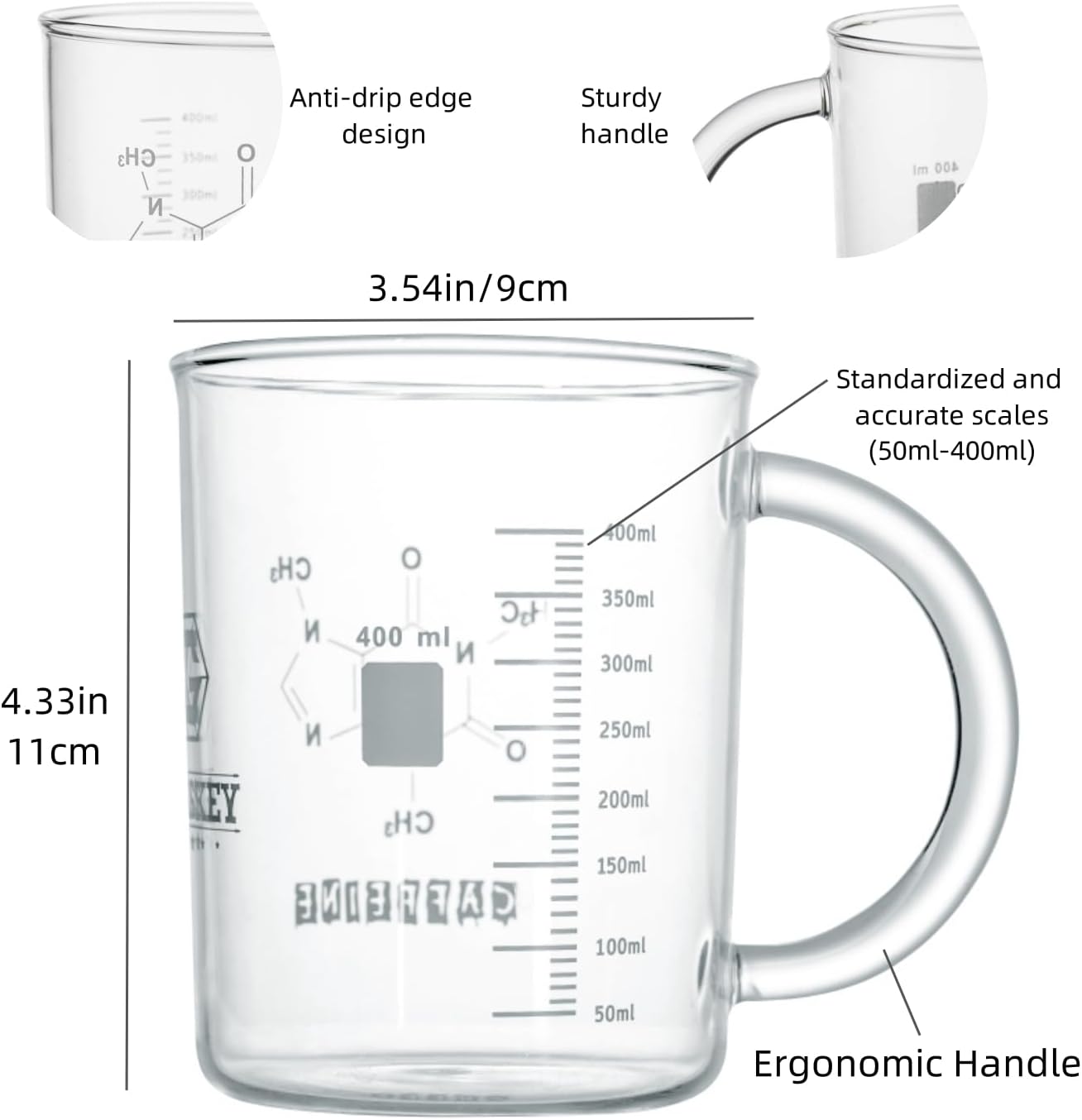 Taza de vaso de cafeína, taza de cafeína de borosilicato antigoteo de 16 onzas, tazas de café frescas con asa, taza de química, medición para café,