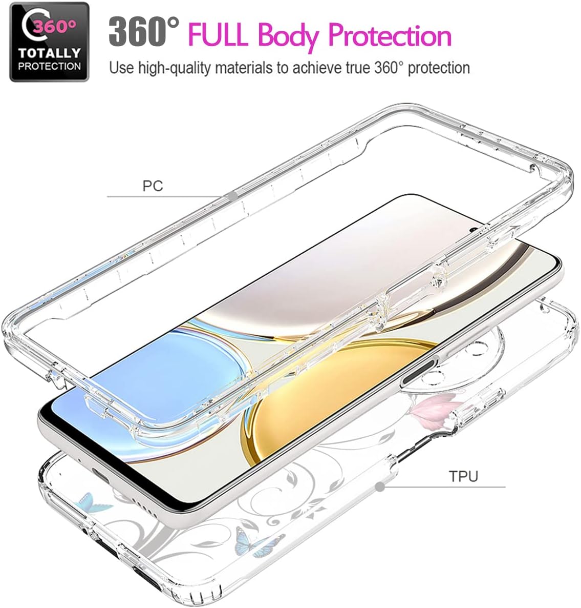 Funda para Honor X9 (4G5G)Honor X30Magic4 Lite con protector de pantalla de vidrio templado, cuerpo completo, transparente, flexible, con diseño