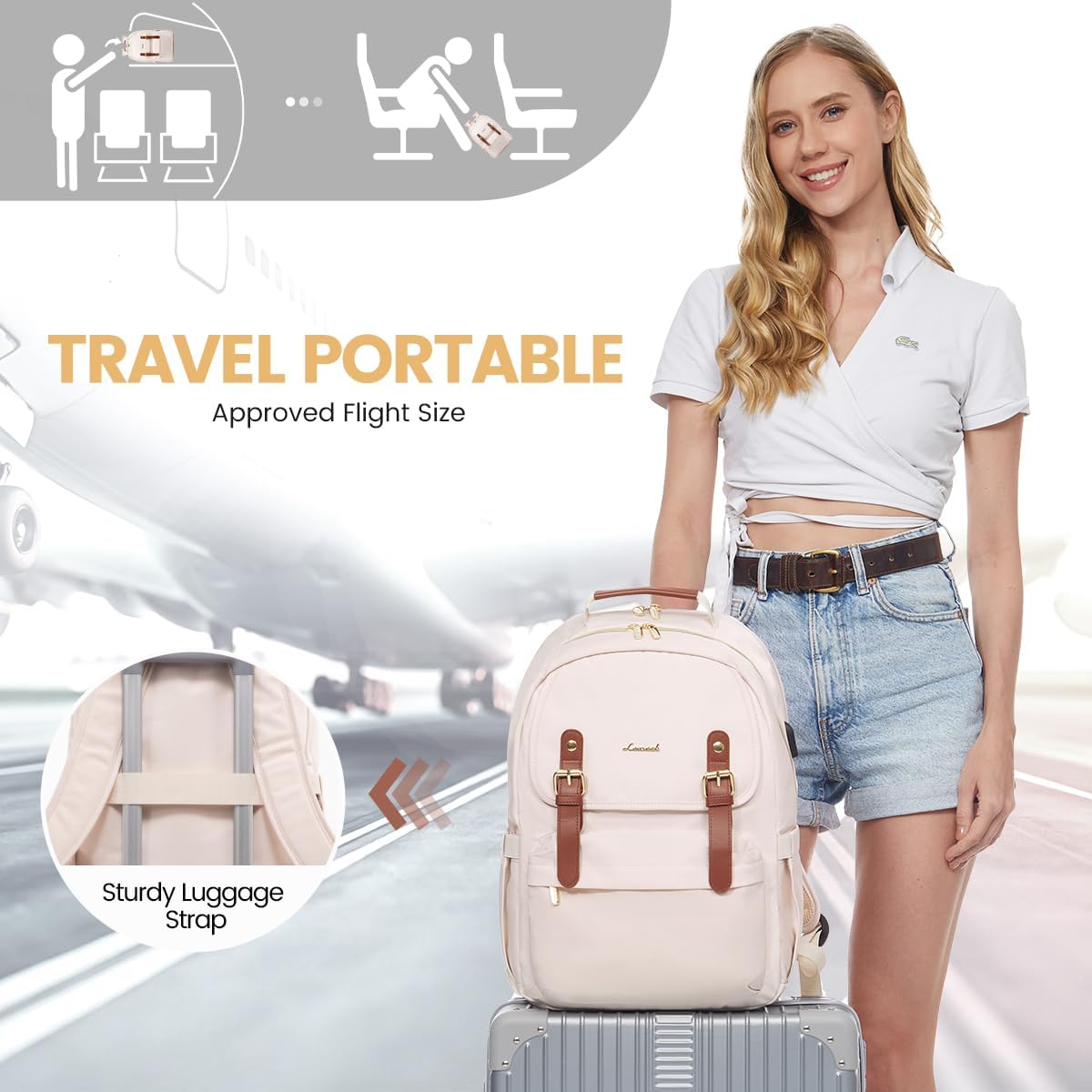 LOVEVOOK Mochila para laptop para mujer, mochila de viaje informal para la universidad, Beige, Moda