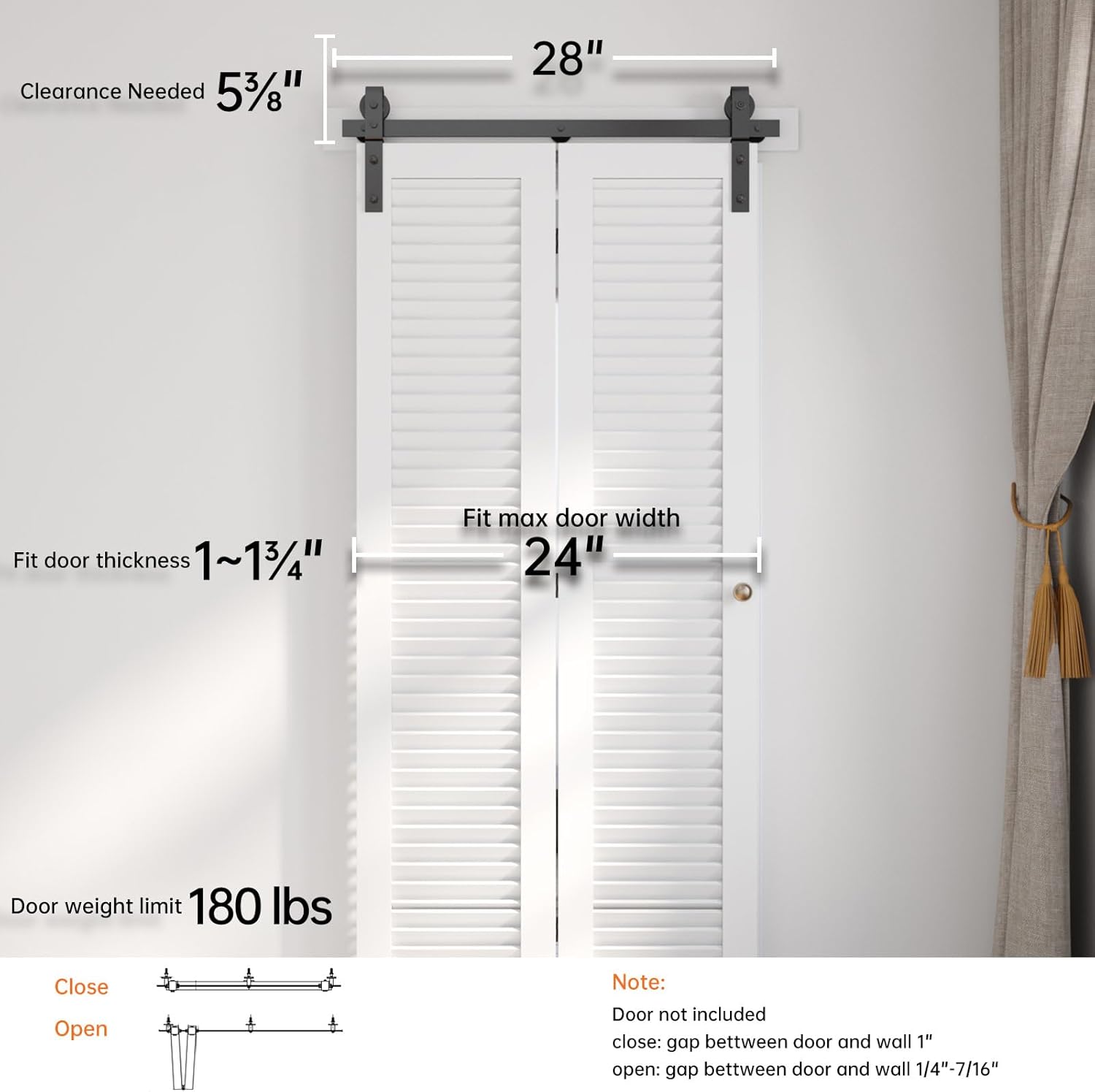 EaseLife Kit de riel de 24 pulgadas para puerta corrediza de granero plegable para 2 puertas de armario, montaje lateral, resistente, se desliza