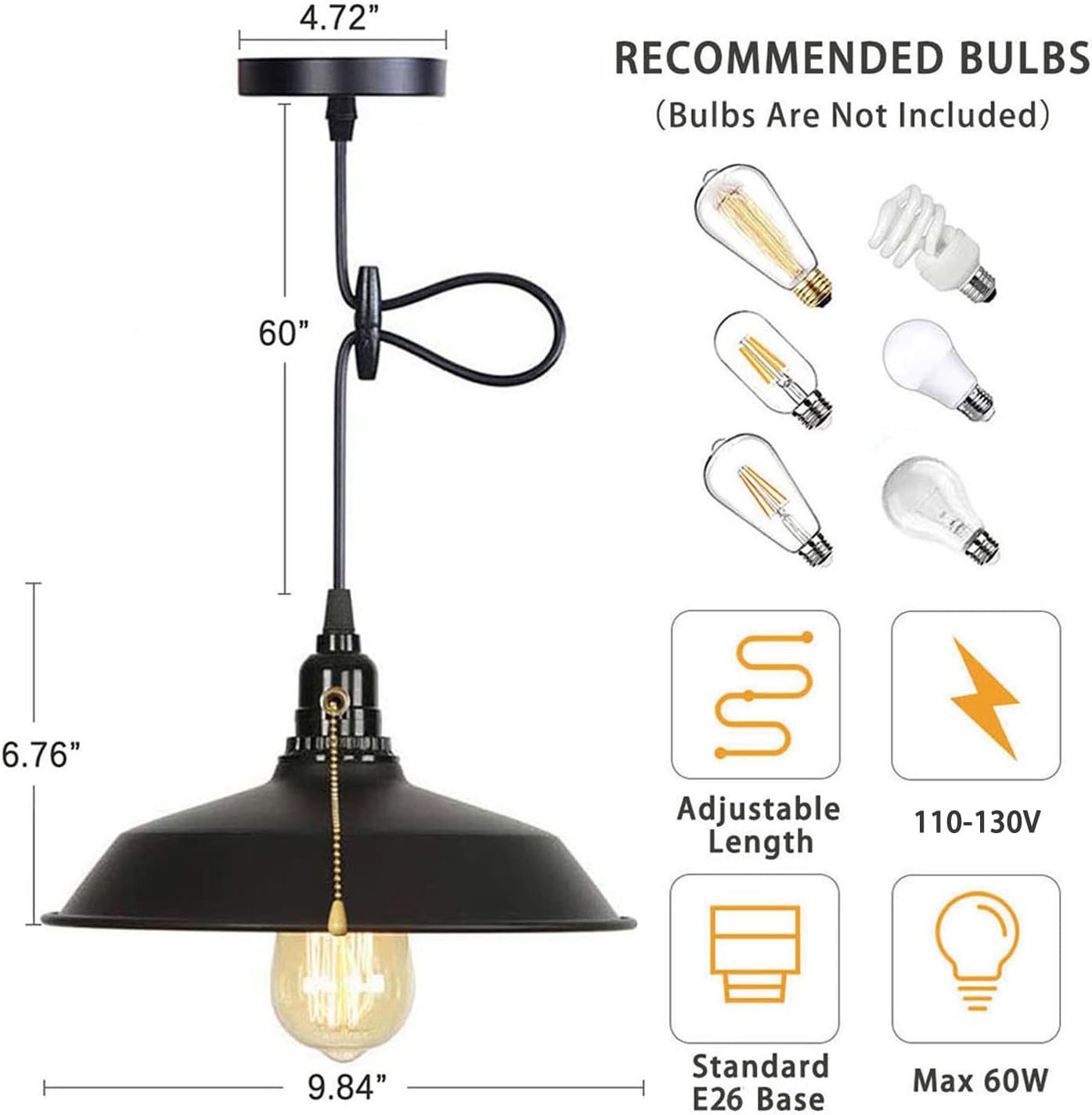 Lámpara colgante con interruptor de cadena, lámpara de techo industrial, altura ajustable de metal, E26, para isla de cocina, sótano, garaje (negro)