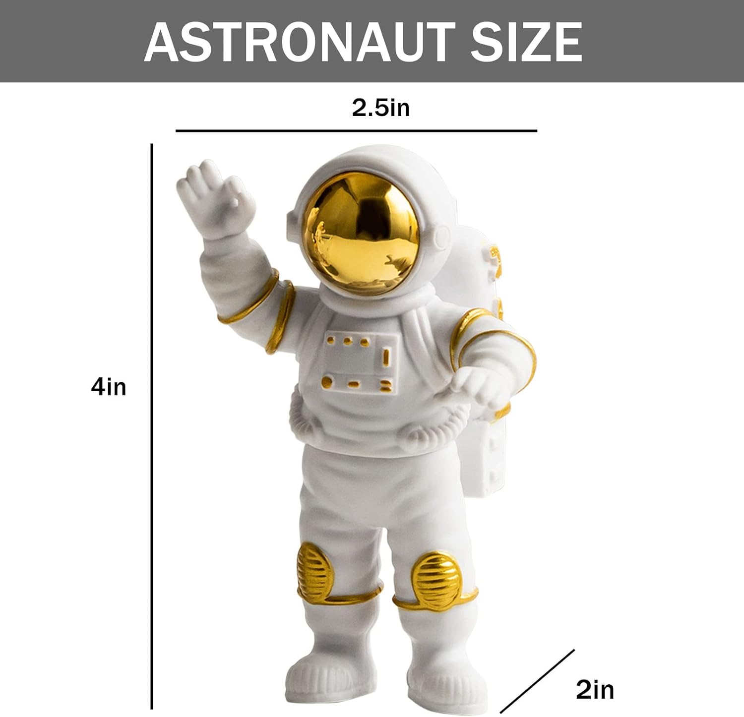 WINUSD Juego de 4 adornos dorados de estatua de astronauta de poliresina, decoración de 3 piezas de espejo y 1 llavero para habitación, automóvil,