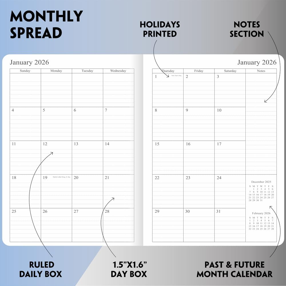 Agenda 2025-2026  Agenda semanal y mensual, octubre 2025 a diciembre 2026, cubierta de cuero vegano, cierre elástico, 7 x 9.25 pulgadas, gris