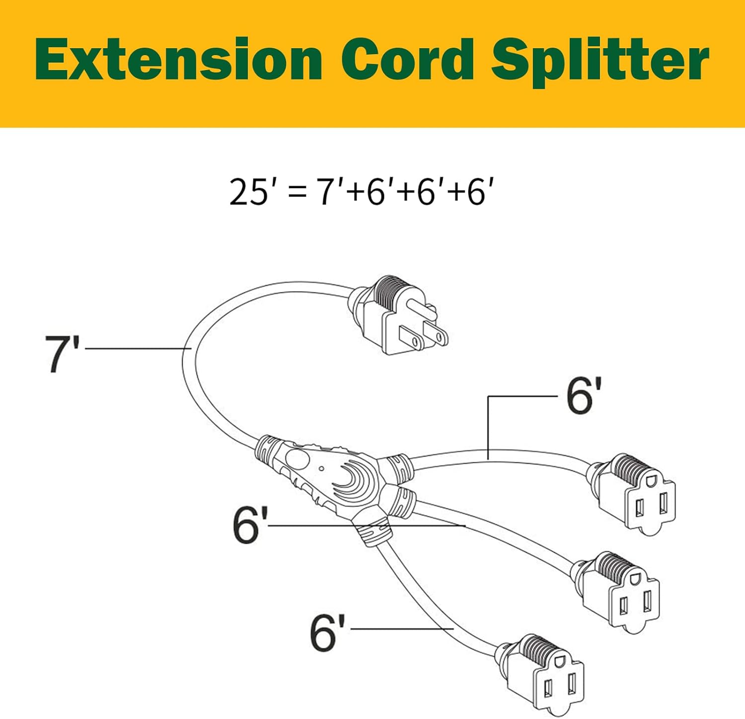 Cable de extensión para exteriores con múltiples tomas, 25 pies, cables de extensión negros de 1 a 3 divisores, cable SJTW 163 resistente a la